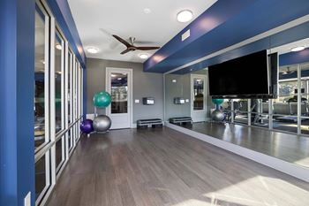 a workout room with a tv and exercise equipment in a house